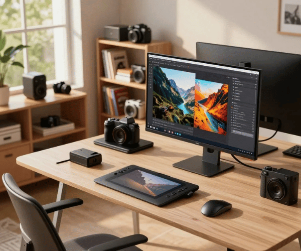 A sleek, futuristic workspace in 2026 centered around a cutting-edge AI photo generator from creativepeep. In the foreground, a modern ergonomic desk equipped with a high-resolution monitor displaying vibrant images, showcasing the tool's capabilities. On the desk, there are digital drawing tablets and various photography gadgets. The middle ground features a well-organized shelf filled with photography books and tech devices, while a stylish chair is positioned in front of the desk. In the background, large windows let in warm, natural light, creating an inviting atmosphere with greenery outside. The overall mood is creative and inspiring, emphasizing efficiency and innovation. The scene is captured from a slightly elevated angle, enhancing the depth of the workspace while maintaining a clear focus on the tools of the trade.