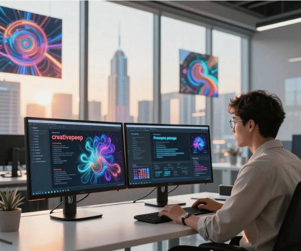 A futuristic office setting in the foreground, featuring a sleek workstation with dual monitors displaying advanced AI interfaces and vibrant visualizations of digital art. A professional business person in smart casual attire is engaged in the process of prompt engineering, analyzing the screens with focus and creativity. In the middle ground, large windows showcase a futuristic cityscape bathed in warm, golden morning light, highlighting the advancements of 2026. The background includes abstracts of AI-generated images floating in the air, creating a sense of innovation and artistic mastery. The overall mood is inspiring and dynamic, blending technology with creativity. The scene reflects the brand "creativepeep" through modern aesthetics and design elements. Use a soft focus lens effect to enhance the atmosphere.