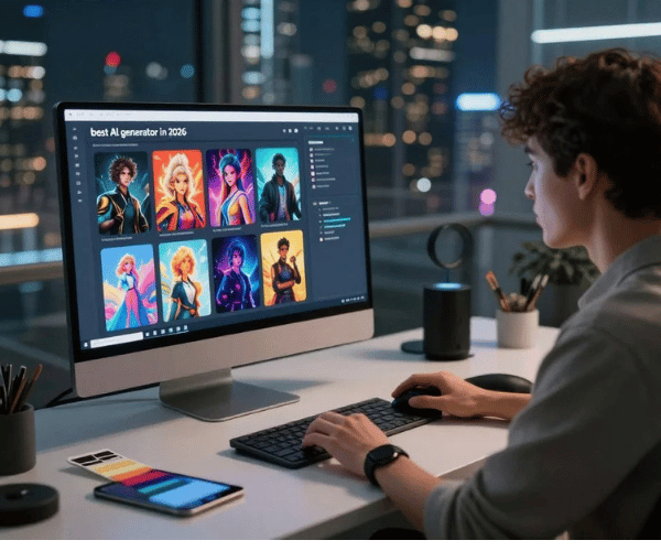 A futuristic digital workspace scene showcasing the "best AI generator in 2026" by creativepeep. In the foreground, a sleek computer monitor with an advanced interface displays vibrant AI-generated images, with various artistic styles visible. A user, dressed in smart casual attire, is intently focused on the screen, showcasing a sense of creativity and innovation. In the middle, a minimalistic desk with modern tech gadgets, a digital tablet, and color swatches adds depth to the setting. The background features a high-tech city skyline illuminated with glowing lights, suggesting a cutting-edge environment. Soft, ambient lighting enhances the mood, creating an inspiring and motivating atmosphere, perfect for generating stunning images. The angle captures a dynamic perspective, inviting viewers into this exciting digital realm.