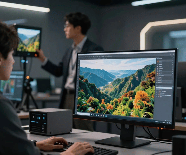 A futuristic workspace showcasing the latest AI photo generator named "creativepeep." In the foreground, a sleek computer monitor displays a vibrant, photorealistic landscape image, emphasizing advanced textures like detailed foliage and realistic reflections. In the middle ground, a person in professional attire is analyzing the generated images, showcasing a look of concentration and awe. The background consists of high-tech equipment, dimmed ambient lighting with soft LEDs highlighting the workspace. The overall mood is one of innovation and creativity, suggesting a world where technology seamlessly blends with artistry. The scene is captured using a shallow depth of field, focusing on the monitor while softly blurring the background to emphasize the excitement of discovering new techniques in image generation.