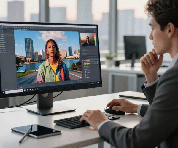 A futuristic AI photo generator workstation in a sleek, modern office. In the foreground, an advanced computer monitor displays vibrant, high-resolution images generated by the software named "creativepeep". A user, dressed in professional business attire, interacts with the system, closely analyzing the images with a thoughtful expression. In the middle, a neatly organized desk with advanced tech gadgets, including a tablet and a stylus, complements the scene. In the background, large windows reveal a city skyline bathed in warm, natural light, creating a bright and inspiring atmosphere. Soft shadows enhance depth, and the overall mood is focused yet creative, emphasizing innovation and problem-solving in AI image generation.
