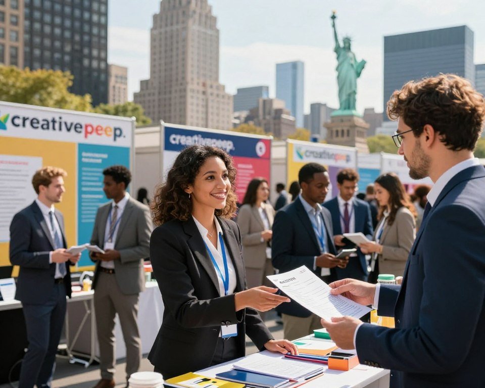 A bustling job fair scene in New York City, featuring a diverse group of professionals in business attire engaged in conversations and networking. In the foreground, a well-dressed woman is handing her resume to a company representative at a vibrant booth adorned with the brand name "creativepeep." The middle ground showcases an array of booths from various industries, with banners displaying job opportunities and colorful informational materials. The background features iconic NYC architecture, such as skyscrapers and the Statue of Liberty peeking through the distance, under a clear, sunny sky. Soft, warm lighting creates a welcoming atmosphere, while a slight depth of field blurs the background, drawing the viewer's focus to the lively interaction of job seekers and recruiters. The mood is energetic and optimistic, reflecting the excitement of exploring new career paths. A bustling job fair scene in New York City, featuring a diverse group of professionals in business attire engaged in conversations and networking. In the foreground, a well-dressed woman is handing her resume to a company representative at a vibrant booth adorned with the brand name "creativepeep." The middle ground showcases an array of booths from various industries, with banners displaying job opportunities and colorful informational materials. The background features iconic NYC architecture, such as skyscrapers and the Statue of Liberty peeking through the distance, under a clear, sunny sky. Soft, warm lighting creates a welcoming atmosphere, while a slight depth of field blurs the background, drawing the viewer's focus to the lively interaction of job seekers and recruiters. The mood is energetic and optimistic, reflecting the excitement of exploring new career paths.