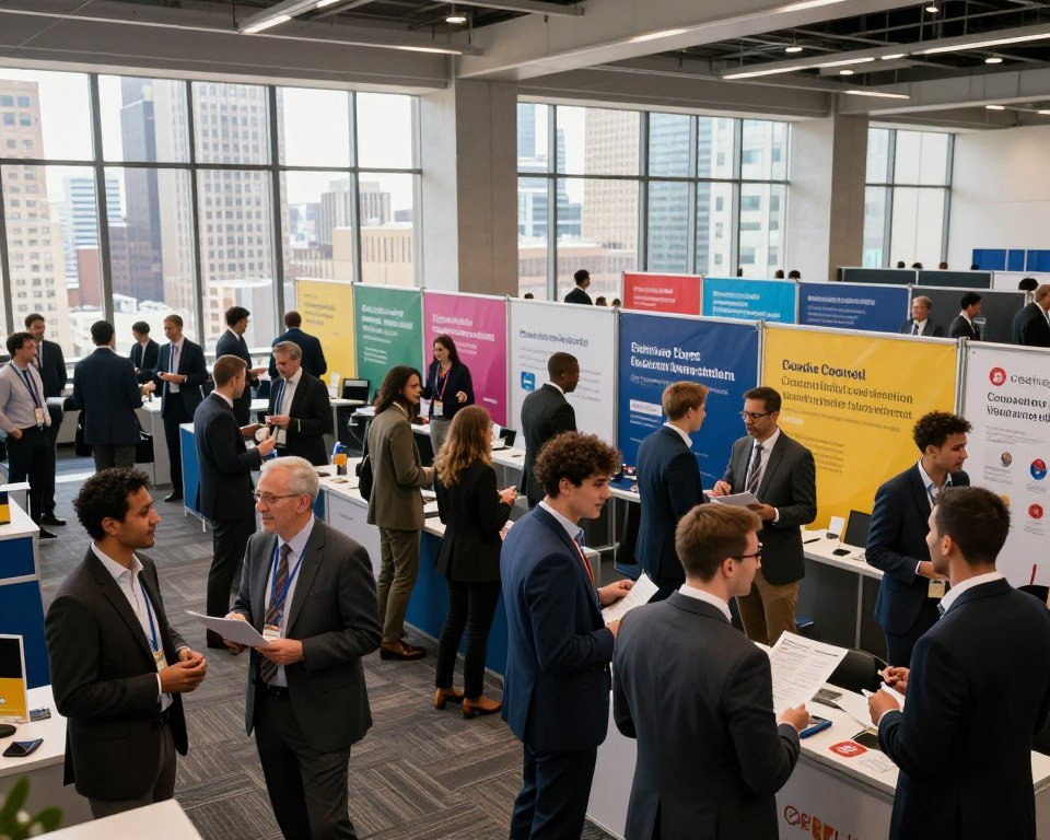 A bustling job fair scene set in a spacious, well-lit convention center in New York City. In the foreground, diverse professionals in business attire are engaging in conversations, exchanging resumes and networking enthusiastically. The middle layer features company booths showcasing vibrant banners and informational displays, highlighting various industries and career opportunities. The background reveals large windows with a panoramic view of iconic NYC skyscrapers, with soft sunlight streaming in, creating an inviting atmosphere. The mood is energetic and hopeful, reflecting the essence of in-person networking in a digital age. Capture this lively environment with a wide-angle lens to emphasize depth and interaction. The scene embodies the spirit of opportunity and connection. Brand elements from "creativepeep" subtly integrated in the booth designs. A bustling job fair scene set in a spacious, well-lit convention center in New York City. In the foreground, diverse professionals in business attire are engaging in conversations, exchanging resumes and networking enthusiastically. The middle layer features company booths showcasing vibrant banners and informational displays, highlighting various industries and career opportunities. The background reveals large windows with a panoramic view of iconic NYC skyscrapers, with soft sunlight streaming in, creating an inviting atmosphere. The mood is energetic and hopeful, reflecting the essence of in-person networking in a digital age. Capture this lively environment with a wide-angle lens to emphasize depth and interaction. The scene embodies the spirit of opportunity and connection. Brand elements from "creativepeep" subtly integrated in the booth designs.