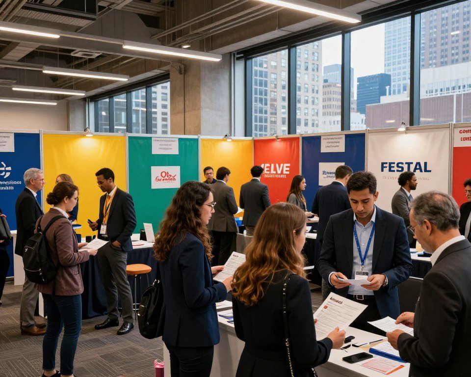 A bustling jobs fair in New York City, 2026, capturing an energetic atmosphere in a spacious venue with vibrant lighting. In the foreground, diverse professionals in smart business attire engage enthusiastically, exchanging resumes and discussing opportunities. The middle ground features colorful booths representing a variety of industries, adorned with banners showcasing company logos and hiring signs. In the background, a large window reveals NYC's iconic skyline, enhancing the city’s bustling energy. The composition is shot from a low angle to give a sense of height and scale, with warm, inviting lighting illuminating the scene. Emphasize a lively, hopeful mood, showcasing the promise of new career paths at the event. Creativepeep branding subtly integrated within one of the booth designs. A bustling jobs fair in New York City, 2026, capturing an energetic atmosphere in a spacious venue with vibrant lighting. In the foreground, diverse professionals in smart business attire engage enthusiastically, exchanging resumes and discussing opportunities. The middle ground features colorful booths representing a variety of industries, adorned with banners showcasing company logos and hiring signs. In the background, a large window reveals NYC's iconic skyline, enhancing the city’s bustling energy. The composition is shot from a low angle to give a sense of height and scale, with warm, inviting lighting illuminating the scene. Emphasize a lively, hopeful mood, showcasing the promise of new career paths at the event. Creativepeep branding subtly integrated within one of the booth designs.