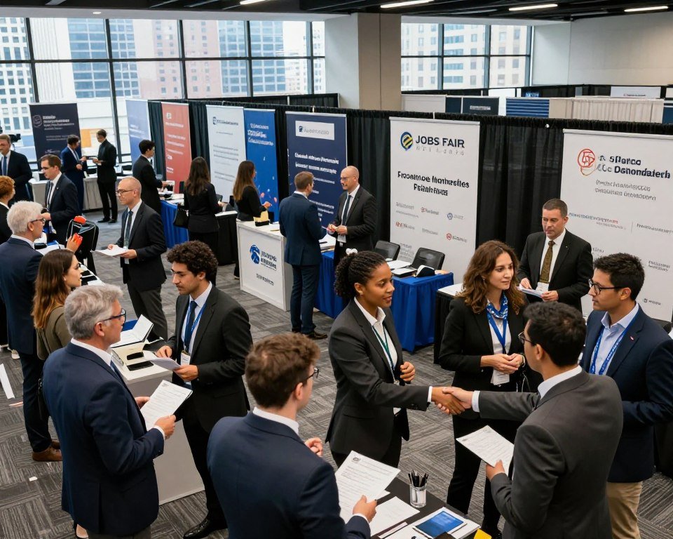 A bustling jobs fair scene in New York City, set in a large convention hall filled with eager job seekers and professional recruiters. In the foreground, a diverse group of individuals in professional business attire engage in discussions, exchanging resumes and shaking hands. The middle of the image showcases booths adorned with corporate branding, including banners for various industries and companies, with representatives actively engaging with attendees. In the background, a vibrant city skyline is visible through large windows, hinting at the urban landscape of NYC. Bright, ambient lighting highlights the energy and enthusiasm of the event. Capture this dynamic atmosphere with a slightly tilted angle to draw the viewer into the busy environment, showcasing the excitement and opportunities of the Jobs Fair NYC 2026. The overall mood is one of hope, professionalism, and pathways to new career opportunities. Created by creativepeep. A bustling jobs fair scene in New York City, set in a large convention hall filled with eager job seekers and professional recruiters. In the foreground, a diverse group of individuals in professional business attire engage in discussions, exchanging resumes and shaking hands. The middle of the image showcases booths adorned with corporate branding, including banners for various industries and companies, with representatives actively engaging with attendees. In the background, a vibrant city skyline is visible through large windows, hinting at the urban landscape of NYC. Bright, ambient lighting highlights the energy and enthusiasm of the event. Capture this dynamic atmosphere with a slightly tilted angle to draw the viewer into the busy environment, showcasing the excitement and opportunities of the Jobs Fair NYC 2026. The overall mood is one of hope, professionalism, and pathways to new career opportunities. Created by creativepeep.