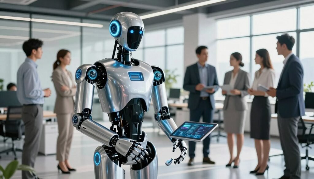 A futuristic janitor AI, resembling a sleek humanoid robot, stands in a modern office environment. In the foreground, the robot has a polished metallic exterior with glowing blue accents, embodying both functionality and sophistication. Its hands are equipped with cleaning tools while displaying an interface screen that projects real-time data analytics. In the middle ground, a diverse group of professionals, dressed in smart business attire, gather around the robot, engaging in a discussion about its capabilities. The background features a bright, open-plan office with large windows allowing sunlight to filter in, creating a professional and innovative atmosphere. The scene is well-lit, capturing reflections and nuances of technology, with a focus on collaboration and advanced AI integration, evoking a sense of optimism and progress in the business world. A futuristic janitor AI, resembling a sleek humanoid robot, stands in a modern office environment. In the foreground, the robot has a polished metallic exterior with glowing blue accents, embodying both functionality and sophistication. Its hands are equipped with cleaning tools while displaying an interface screen that projects real-time data analytics. In the middle ground, a diverse group of professionals, dressed in smart business attire, gather around the robot, engaging in a discussion about its capabilities. The background features a bright, open-plan office with large windows allowing sunlight to filter in, creating a professional and innovative atmosphere. The scene is well-lit, capturing reflections and nuances of technology, with a focus on collaboration and advanced AI integration, evoking a sense of optimism and progress in the business world.