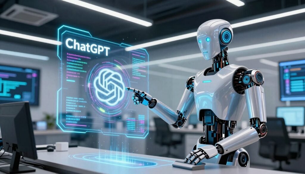 A futuristic office environment where a sophisticated janitor AI interacts with a digital representation of ChatGPT. In the foreground, the janitor AI is depicted as a sleek, humanoid robotic figure, equipped with cleaning tools designed for data management, reflecting a shiny metallic finish. In the middle ground, an interactive holographic interface displays ChatGPT's algorithms with vibrant, flowing lines of code. The background features a modern, high-tech office with bright LED lighting and large screens displaying AI analytics, conveying a sense of innovation. The atmosphere is focused and dynamic, emphasizing technical challenges and collaborative solutions in AI chat platforms. The scene is captured from a low, wide-angle perspective, highlighting the interaction between the AI entities. A futuristic office environment where a sophisticated janitor AI interacts with a digital representation of ChatGPT. In the foreground, the janitor AI is depicted as a sleek, humanoid robotic figure, equipped with cleaning tools designed for data management, reflecting a shiny metallic finish. In the middle ground, an interactive holographic interface displays ChatGPT's algorithms with vibrant, flowing lines of code. The background features a modern, high-tech office with bright LED lighting and large screens displaying AI analytics, conveying a sense of innovation. The atmosphere is focused and dynamic, emphasizing technical challenges and collaborative solutions in AI chat platforms. The scene is captured from a low, wide-angle perspective, highlighting the interaction between the AI entities.