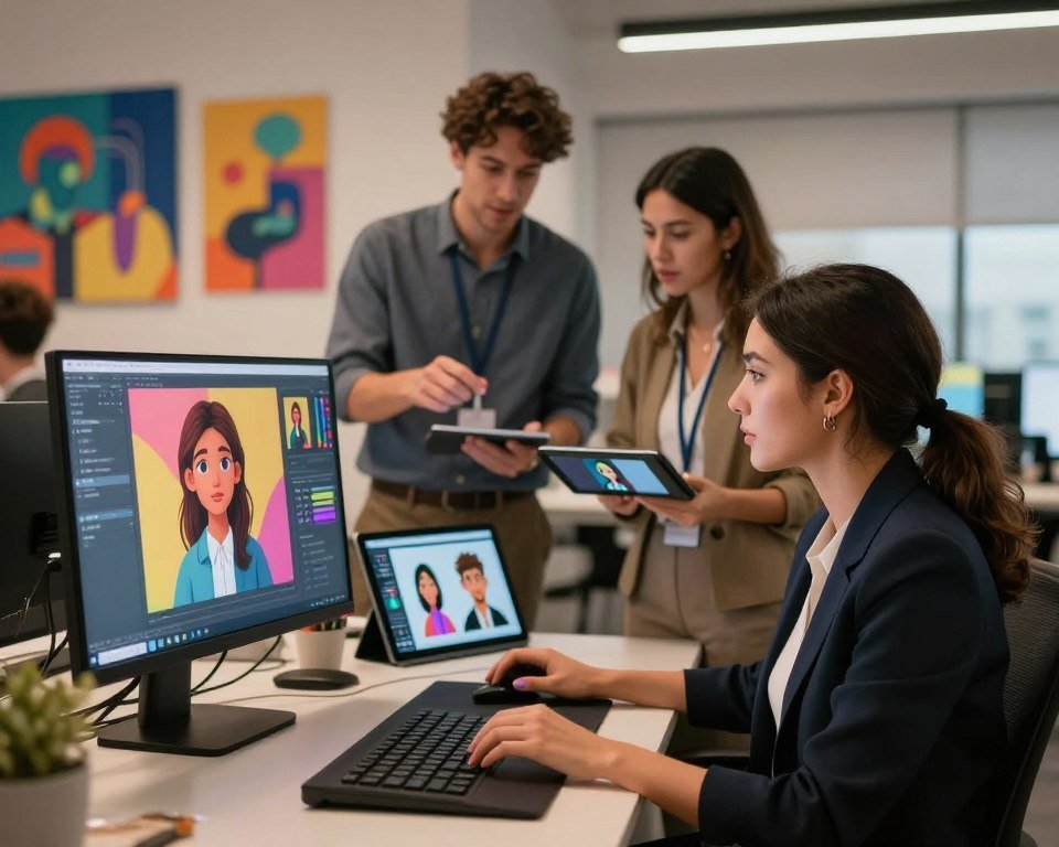 A modern workspace featuring a diverse group of professionals customizing AI-generated assets and avatars for video production. In the foreground, a focused woman in smart business attire designs an avatar on a computer screen, surrounded by vibrant graphics. In the middle, two colleagues, one male and one female, discuss ideas while reviewing various digital assets on tablets. The background showcases a sleek office environment with colorful artwork inspired by technology and creativity. Soft, warm lighting illuminates the scene, creating an inviting atmosphere, while a slight depth of field blurs the background subtly. The brand name "creativepeep" is subtly integrated into the design elements, enhancing the professional feel of the setting.