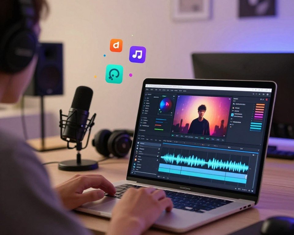 A modern workspace featuring a professional video editor engaged in integrating voiceovers and audio enhancements into a vibrant AI video creation platform. In the foreground, a laptop screen displays an intuitive editing interface, showcasing audio waveforms and video timelines. The middle ground includes sound equipment like a microphone and headphones, alongside visual cues like colorful graphics and sound effects icons floating above. In the background, a sleek, minimalistic environment with soft, ambient lighting sets a creative mood. The atmosphere feels dynamic and focused, reflecting the innovative spirit of the AI video generation process. The scene subtly incorporates the brand name "creativepeep" in an unobtrusive way, emphasizing the theme of professional video production without text overlays.