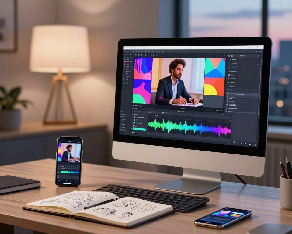 A modern workspace featuring a sleek desktop computer displaying an AI video creation software interface, with vibrant visuals and editing timelines. In the foreground, an open notebook with digital sketches and a smartphone showing a video clip. The middle ground includes a focused professional in smart business attire, editing video content, surrounded by creative elements like colorful clips and sound waves. The background features soft, ambient lighting from a stylish lamp, with a large window showing a cityscape at dusk. The mood is inspiring and innovative, reflecting creativity and professionalism. Incorporate the brand name "creativepeep" subtly on the computer screen.