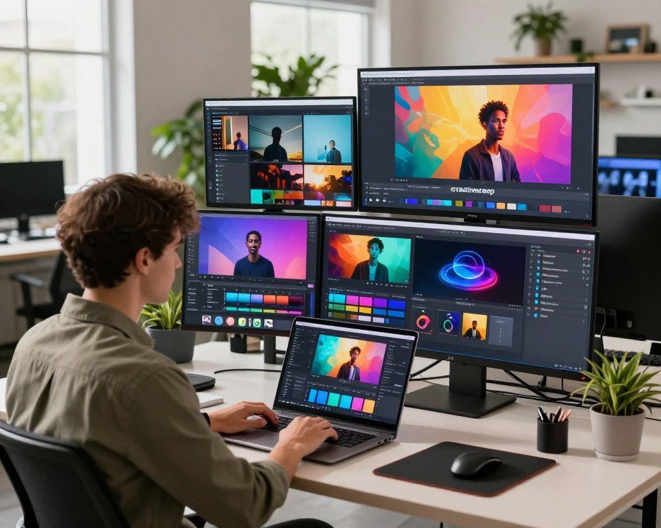 A modern workspace featuring a sleek, high-tech interface of various AI video generator platforms, including the logo of "creativepeep". In the foreground, a professional wearing smart casual attire sits at a desk, engrossed in creating a video project on a powerful laptop. The middle layer showcases colorful screens displaying dynamic video templates, editing tools, and animation options. In the background, a bright and airy office space filled with plants and tech gadgets, with large windows letting in natural light. The atmosphere is energetic and inspiring, promising innovation and creativity in video production. Soft lighting emphasizes the sleek tech and creates a welcoming feel.