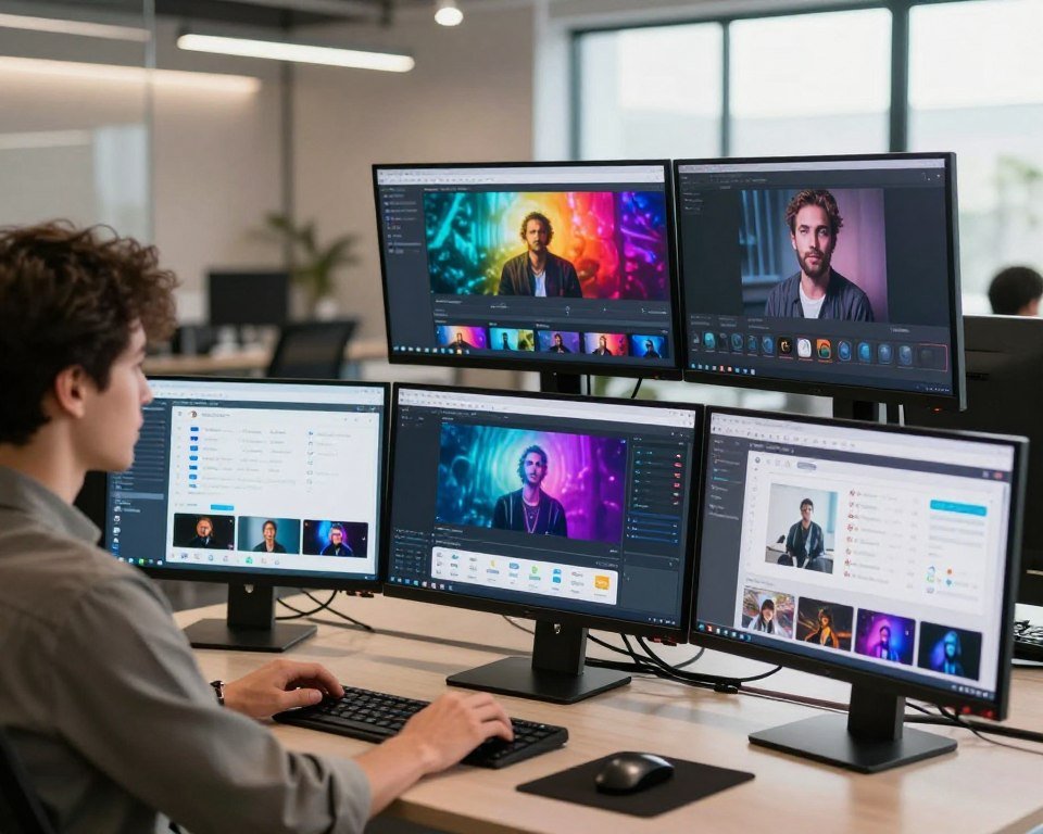 A modern workspace filled with high-tech equipment, showcasing various AI video generator platforms on sleek computer screens. In the foreground, a professional individual, dressed in smart casual attire, examines one of the platforms with a focused expression. The middle layer features multiple monitors displaying user-friendly interfaces, vibrant video previews, and intuitive editing tools. The background is softly blurred, showcasing a stylish office with large windows letting in natural light, creating a warm and inviting atmosphere. The scene is illuminated with bright, diffused lighting, enhancing the clarity of the screens and highlighting the streamlined design of the workspace. The overall mood is one of innovation and productivity, reflecting the ease and accessibility of AI video creation tools from "creativepeep".
