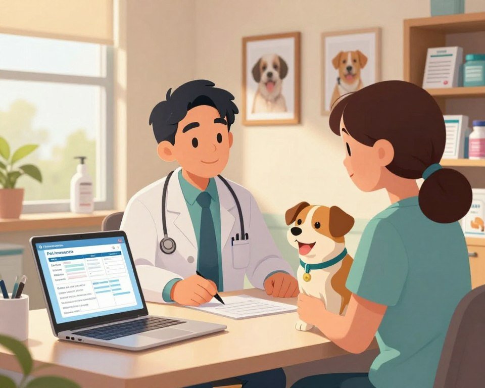 A serene veterinary office setting, with a friendly veterinarian in professional business attire consulting with a pet owner who is holding a cheerful dog. In the foreground, a sleek laptop displaying pet insurance plans and charts is open on a desk, illuminated by soft, warm lighting. In the middle ground, framed photos of happy pets adorn the walls, adding a sense of warmth and trust. The background features shelves with pet care products and informational brochures about pet insurance. Natural light filters in through a large window, enhancing the welcoming atmosphere. The scene conveys a sense of professionalism, comfort, and reliability, ideal for evaluating top pet insurance providers.