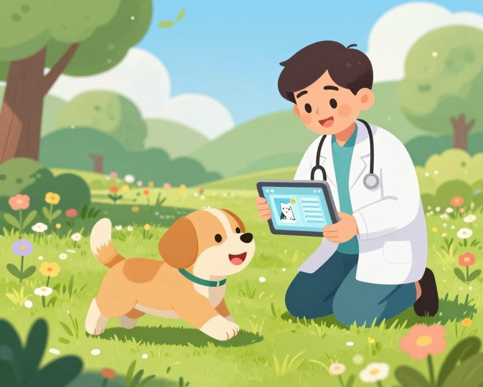 A vibrant, heartwarming scene of a young puppy happily playing in a sunny park, surrounded by lush green grass and colorful wildflowers. In the foreground, the puppy is wagging its tail, looking playful and full of energy, embodying youthfulness and vitality. In the middle ground, a gentle, smiling veterinarian, dressed in professional attire, kneels beside the puppy, showing a digital tablet that displays pet health information; the vet's expression radiates care and expertise. The background includes soft-focus trees and a clear blue sky, allowing sunlight to softly illuminate the scene, creating an inviting and optimistic atmosphere. The composition conveys the importance of securing pet insurance early in their lives, highlighting the connection between youthful pets and responsible ownership.