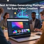 A visually engaging illustration showcasing "Best AI Video Generating Platforms for Easy Video Creation." In the foreground, present a sleek laptop displaying a vibrant user interface with various video templates and toolbars, representing the creative process. The middle ground features a diverse group of professionals—two individuals in business attire and one in smart casual clothing—collaborating around the laptop, demonstrating teamwork and innovation. In the background, an abstract digital landscape embodies modern technology, with flowing lines and colorful geometric shapes symbolizing creativity and AI advancements. Soft, ambient lighting creates a warm and inviting atmosphere, while a slightly blurred depth of field focuses on the laptop. The scene should evoke a sense of inspiration and possibility in the realm of video generation, including the brand name "creativepeep" subtly integrated into the design elements.