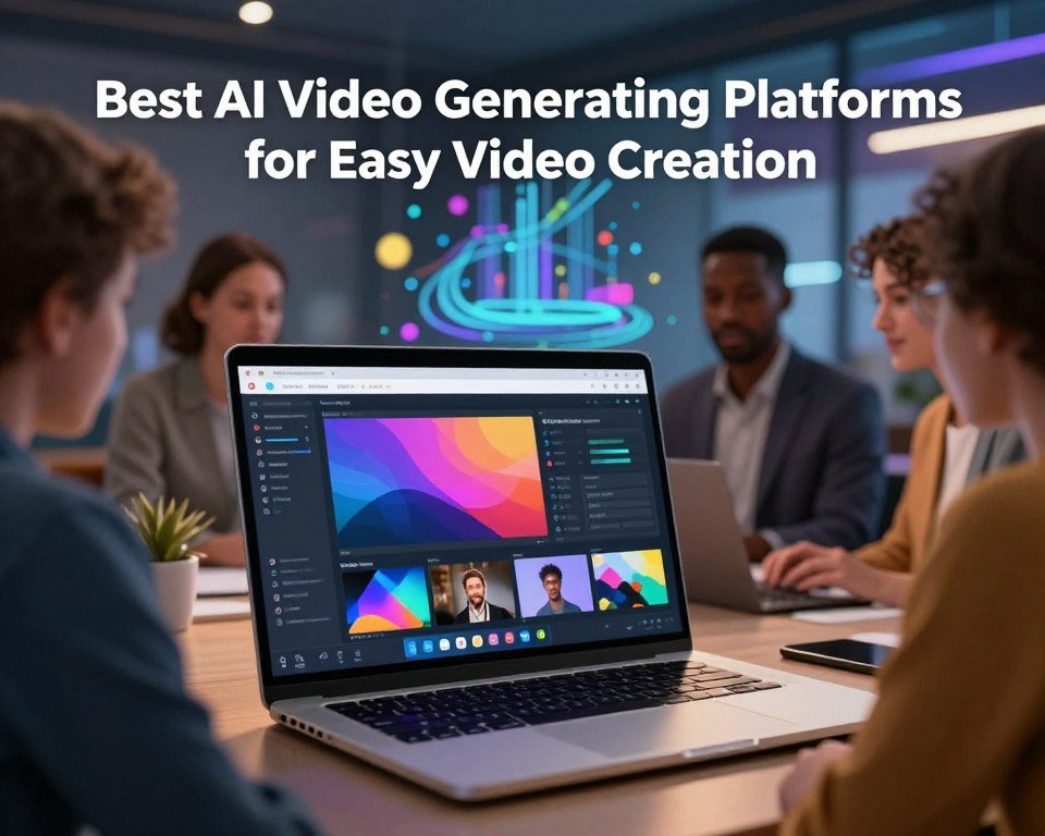 A visually engaging illustration showcasing "Best AI Video Generating Platforms for Easy Video Creation." In the foreground, present a sleek laptop displaying a vibrant user interface with various video templates and toolbars, representing the creative process. The middle ground features a diverse group of professionals—two individuals in business attire and one in smart casual clothing—collaborating around the laptop, demonstrating teamwork and innovation. In the background, an abstract digital landscape embodies modern technology, with flowing lines and colorful geometric shapes symbolizing creativity and AI advancements. Soft, ambient lighting creates a warm and inviting atmosphere, while a slightly blurred depth of field focuses on the laptop. The scene should evoke a sense of inspiration and possibility in the realm of video generation, including the brand name "creativepeep" subtly integrated into the design elements.