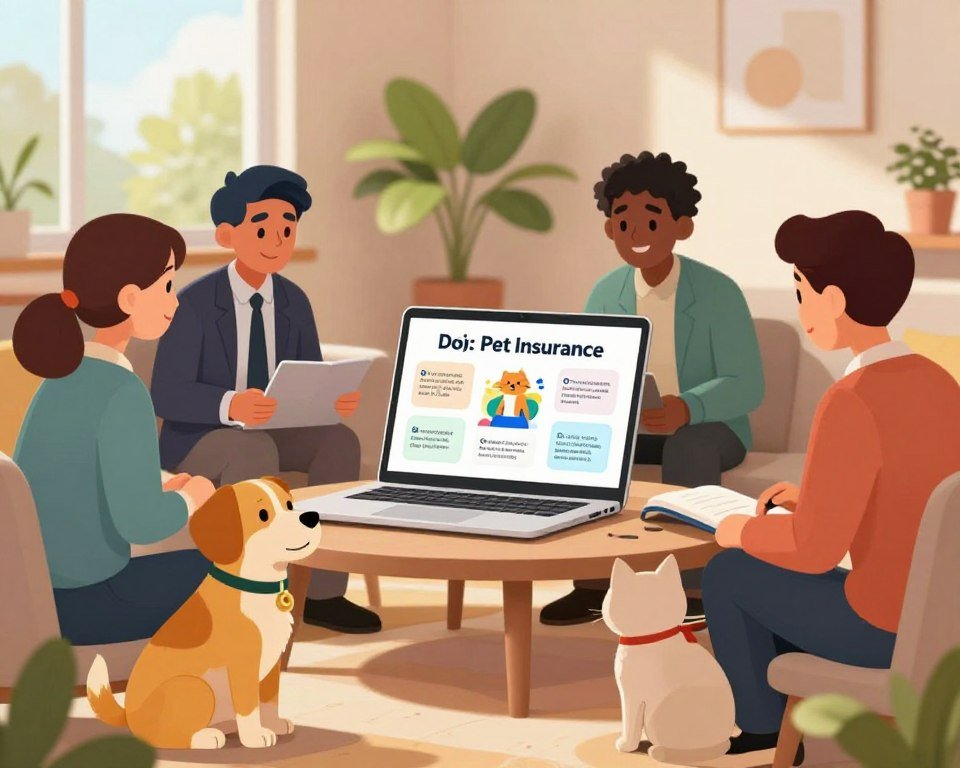 A visually engaging scene depicting a cozy, modern living room where a diverse group of individuals, dressed in professional business attire, collaborate over a laptop displaying pet insurance options. In the foreground, a friendly dog and cat sit nearby, symbolizing pet companionship. In the middle, a large, engaging infographic on the laptop screen highlights key strategies for obtaining cheap pet insurance in 2026, such as comparison shopping and using online tools. The background features potted plants and soft lighting, creating a warm, inviting atmosphere. The window shows a sunny day, enhancing the positive mood of the image, with a depth of field effect that emphasizes the subjects while softly blurring the background.