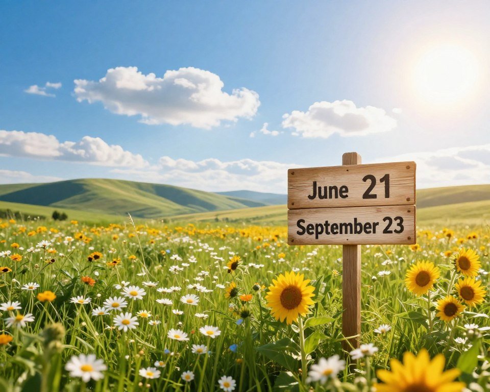 A serene summer landscape showcasing the transition from spring to summer in the United States. In the foreground, vibrant wildflowers bloom under a clear blue sky, with a lush green field dotted with daisies and sunflowers. In the middle ground, a wooden signpost displays the dates June 21 and September 23, symbolizing the start and end of summer, respectively. The background features rolling hills and a bright sun shining down, creating a warm and inviting atmosphere. Soft golden light bathes the entire scene, while fluffy white clouds drift lazily overhead. The composition evokes a sense of tranquility and the essence of summer days spent outdoors, perfect for an article about seasonal transitions in the U.S.