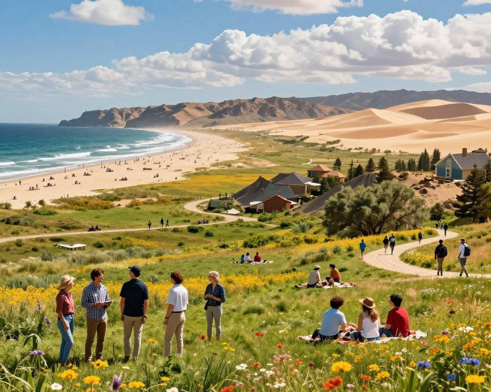 A vibrant summer landscape depicting regional variations in the USA. In the foreground, a diverse group of individuals in professional casual attire enjoys a sunny park, surrounded by wildflowers. The middle ground features a blend of iconic American summer scenes: beachgoers at a coastline, families picnicking in lush green fields, and hikers in mountain trails. The background showcases diverse landscapes, transitioning from sandy beaches to rolling hills and expansive deserts under a bright blue sky with fluffy white clouds. The lighting is warm and inviting, evoking a joyful summer atmosphere. Capture the essence of summer's length and regional diversity, emphasizing its beauty and variety without any text or distractions.
