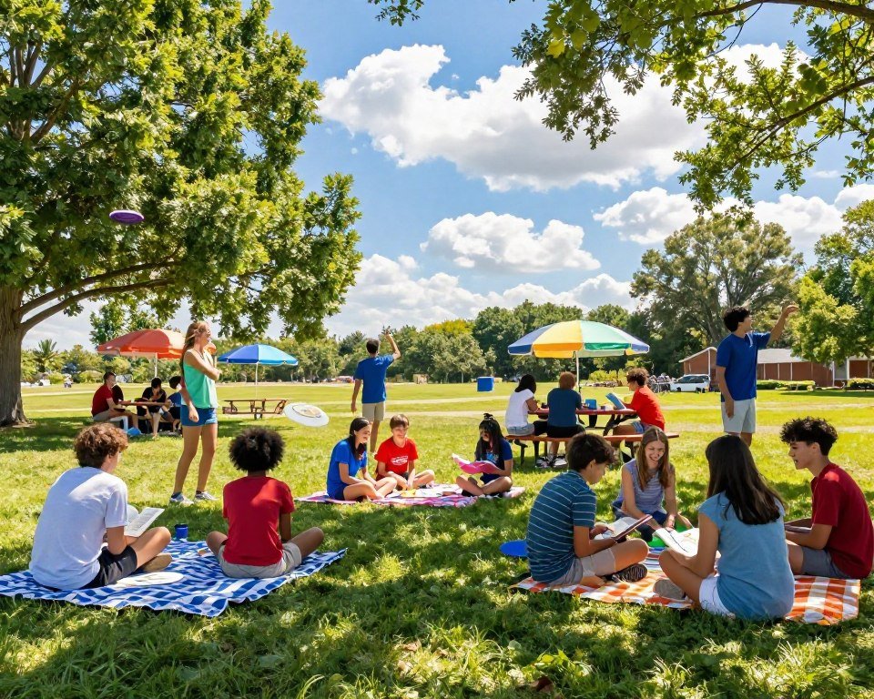 A vibrant summer scene depicting a diverse group of students enjoying their summer break. In the foreground, a joyful gathering of students, dressed in comfortable, casual summer attire, engaged in various activities like reading on blankets, playing frisbee, and painting at a picnic table. In the middle ground, green trees provide shade, while colorful beach umbrellas and picnic setups hint at a communal celebration. The background features a bright blue sky with fluffy white clouds, indicating a warm, sunny day. Soft sunlight filters through the trees, creating dappled light patterns on the grass, evoking a cheerful, relaxed atmosphere. The image should be captured in a wide-angle view, emphasizing the vibrant colors and lively interactions among the students, reflecting the essence of summer break in the USA.