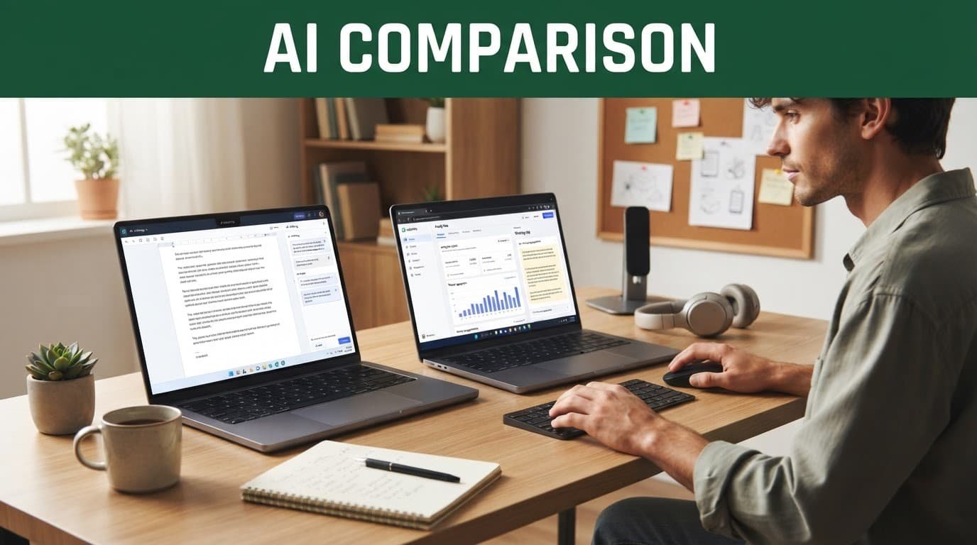 Two laptops sit on a modern desk beneath a dark-green AI Comparison banner.