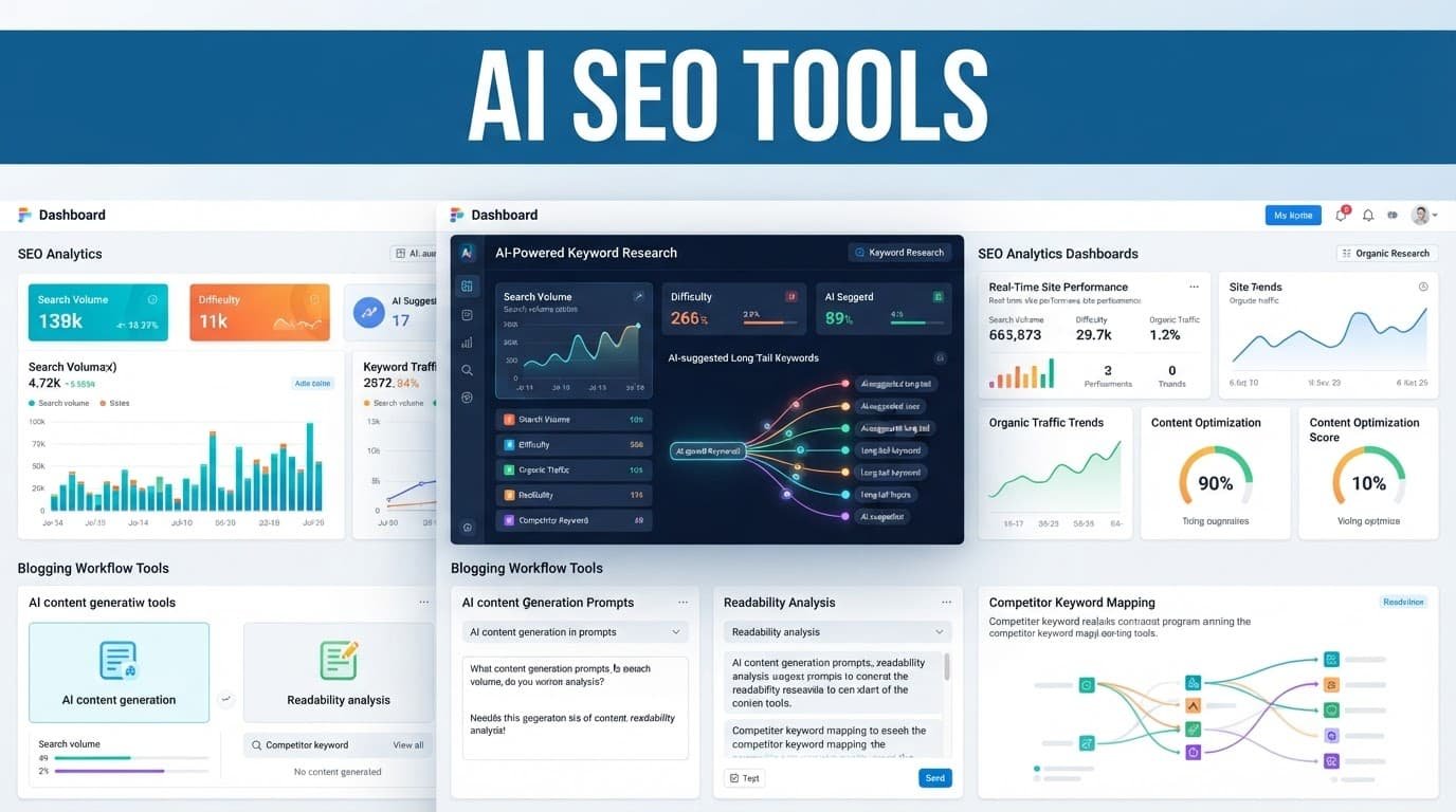 A colorful digital dashboard showing SEO analytics and workflow charts on a clean screen.