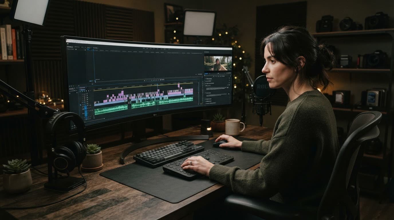 A content creator working at a sleek monitor displaying a video editing timeline in a dark green studio.