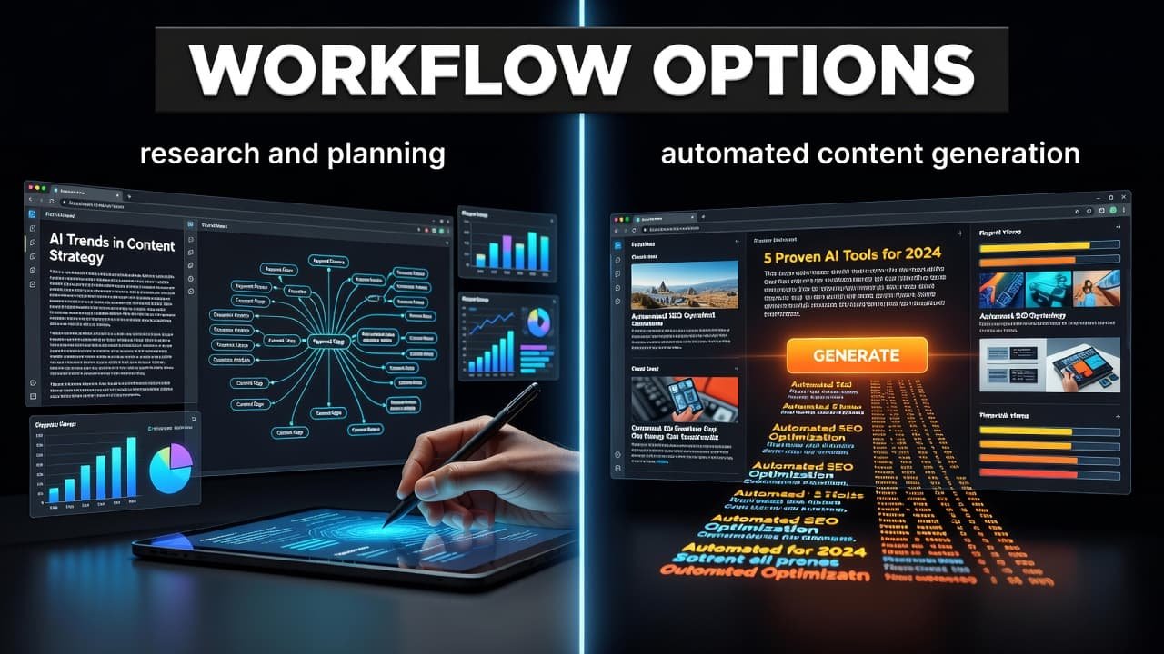 A dual-pane layout separates a brainstorming session with manual notes on the left from a digital interface displaying automated text processes on the right under a bold overhead workflow headline.