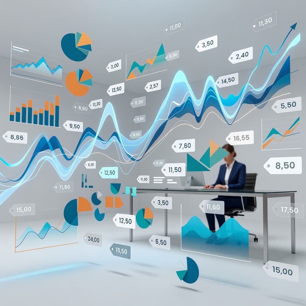 Abstract floating price tags and glowing geometric data charts hover in a professional space. A lone person sits at a distant desk, observed amidst this complex web of shifting travel costs.