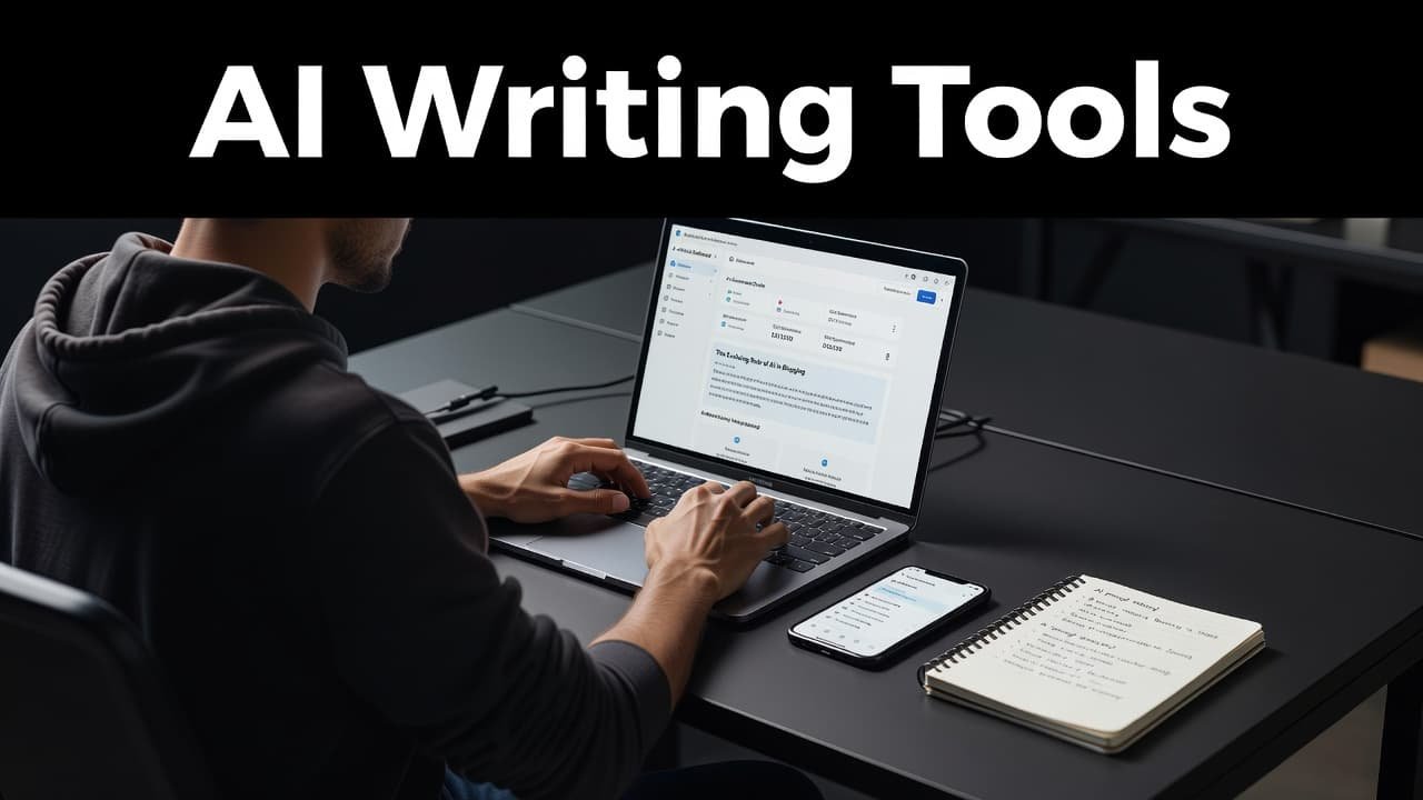 A person sits at a desk featuring a laptop screen displaying an article dashboard, a smartphone, and a handwritten notebook. A bold headline band at the top reads AI Writing Tools.