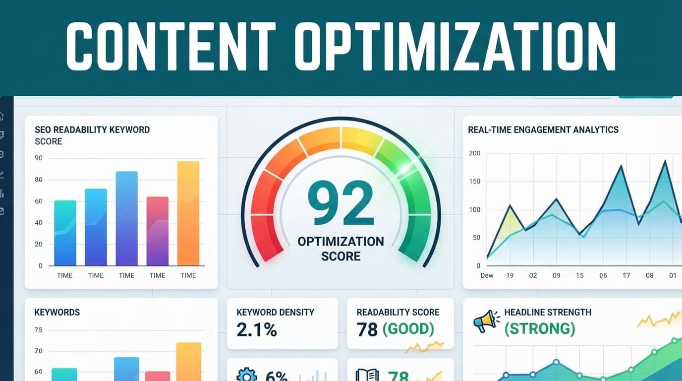 A colorful analytics dashboard displaying content optimization metrics and performance scores.