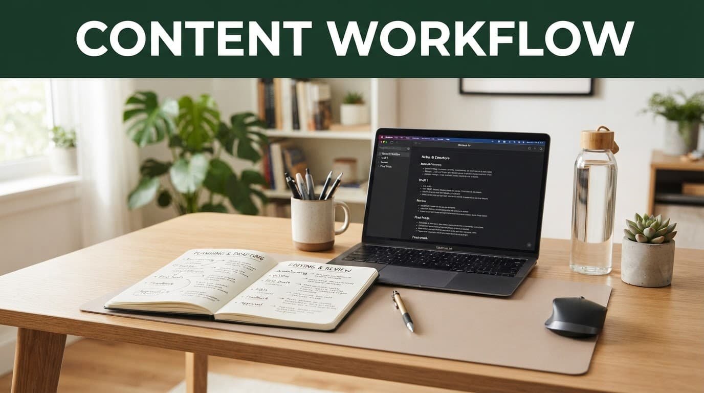 Writing desk with a notebook and notes beneath a dark-green Content Workflow banner.