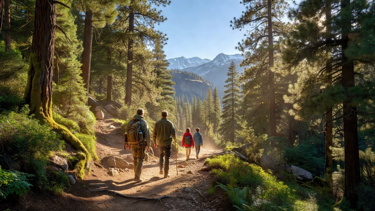 A family treks along a sun-dappled dirt path winding through a dense national park forest. Tall evergreens frame the mountain scenery while sunlight filters through the canopy onto the hikers.