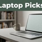 A silver ultrabook and coffee mug on a clean desk with a blurred bookshelf.