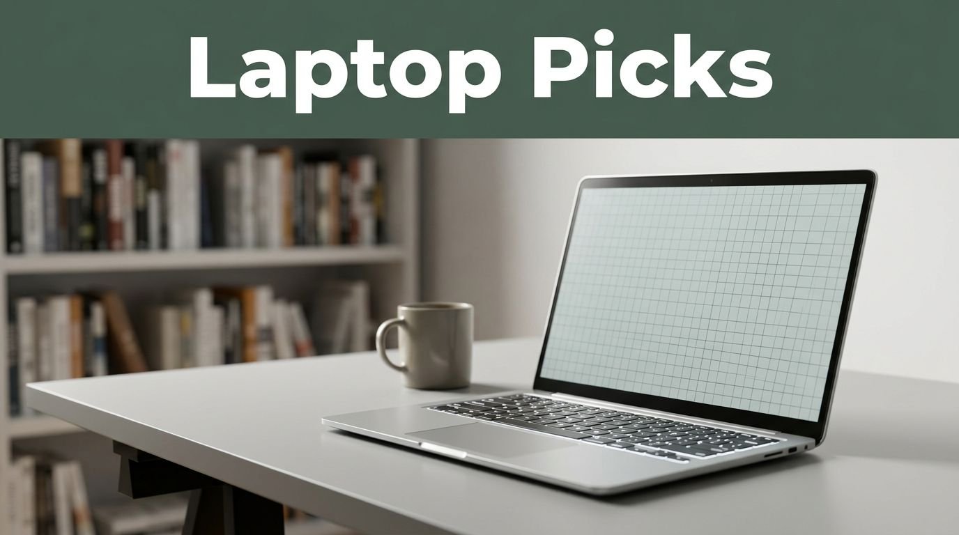 A silver ultrabook and coffee mug on a clean desk with a blurred bookshelf.