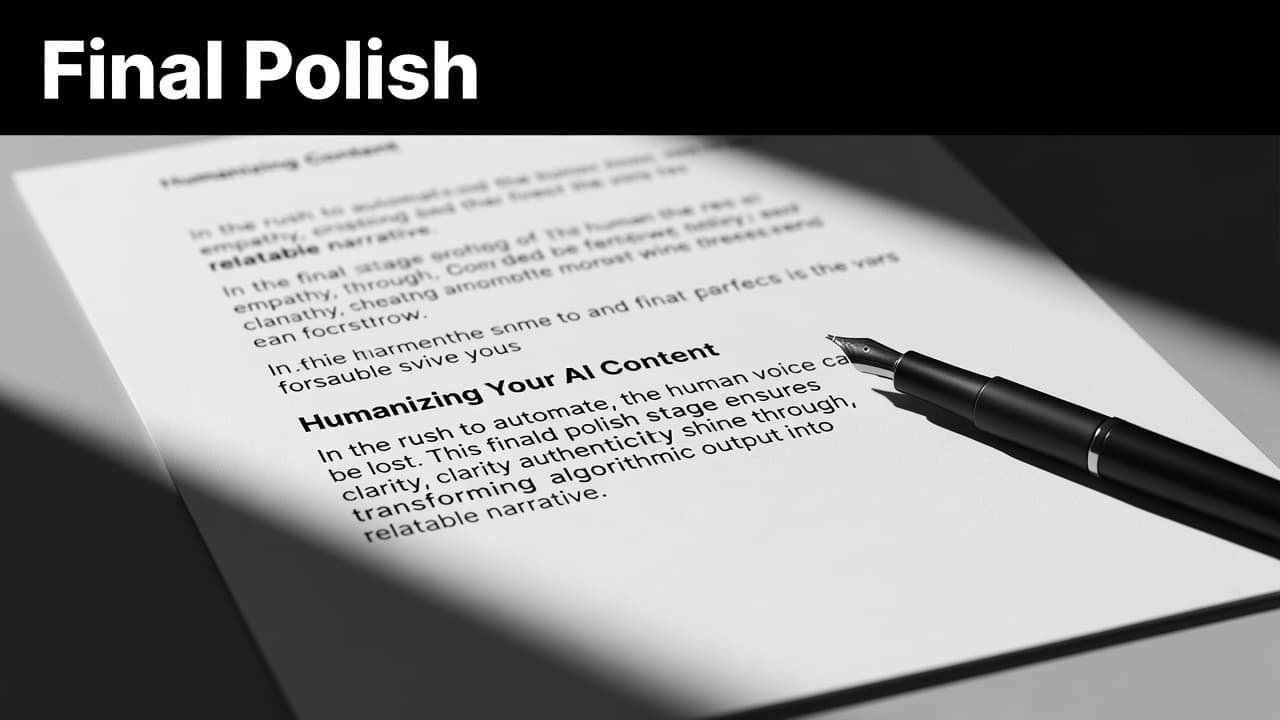A dark ink pen rests diagonally across a white paper document featuring a highlighted paragraph. Bright high-contrast lighting emphasizes the text, while a bold header reads Final Polish at the top.
