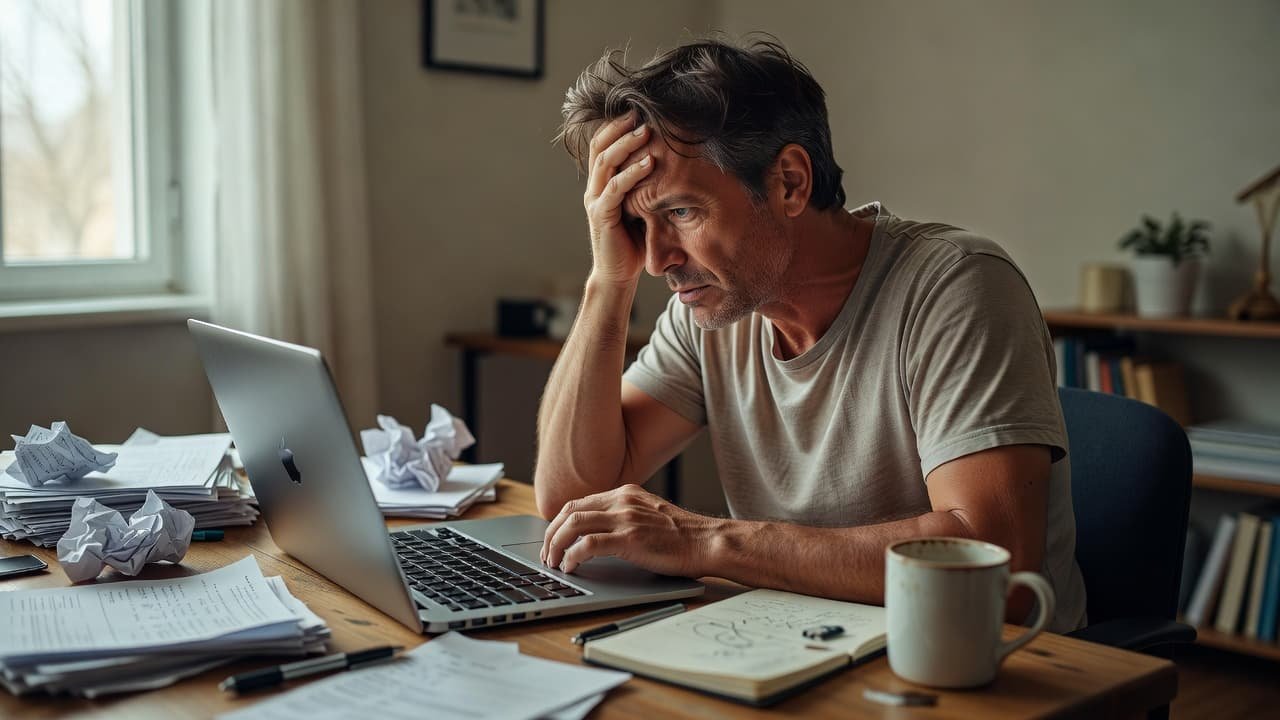 A person sits at a cluttered desk staring intently at their laptop screen with a confused expression. Scattered papers and a half-full coffee cup surround the workspace in a home office.