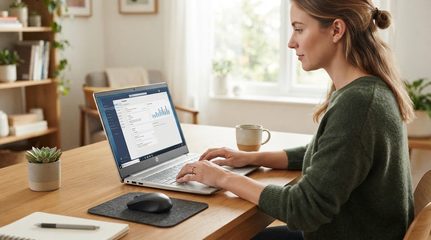 An HP laptop resting on a clean wooden desk in a bright home office.