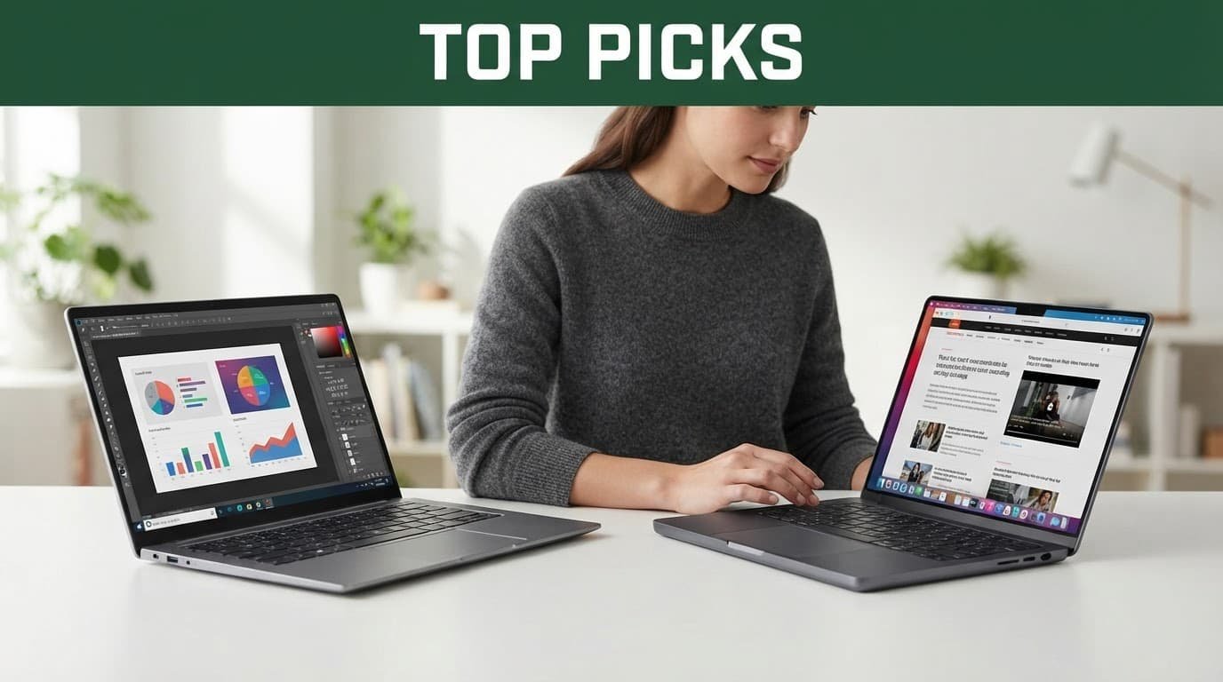 Two open laptops sitting side by side on a clean white table.