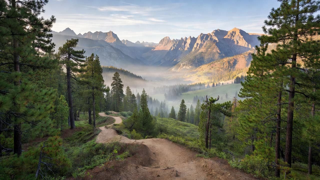 A winding trail leads through a national park landscape with mountains and pine forest.