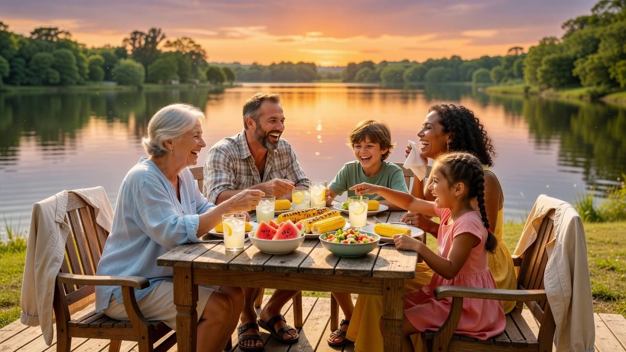 A diverse family of three generations enjoys a sunset meal on a lakeside patio. The group sits around an outdoor table, sharing laughter and food under the warm golden evening light.