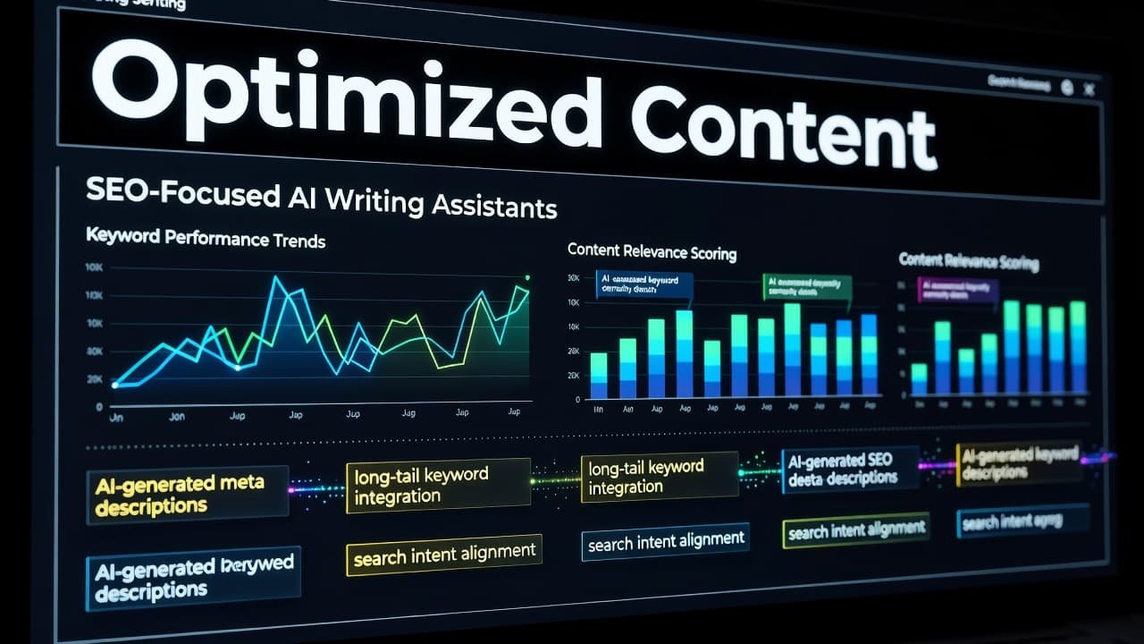 A dark screen displays glowing blue data graphs and highlighted text snippets under a prominent headline bar. High contrast lighting illuminates the digital analytics workspace for clear visual information processing.