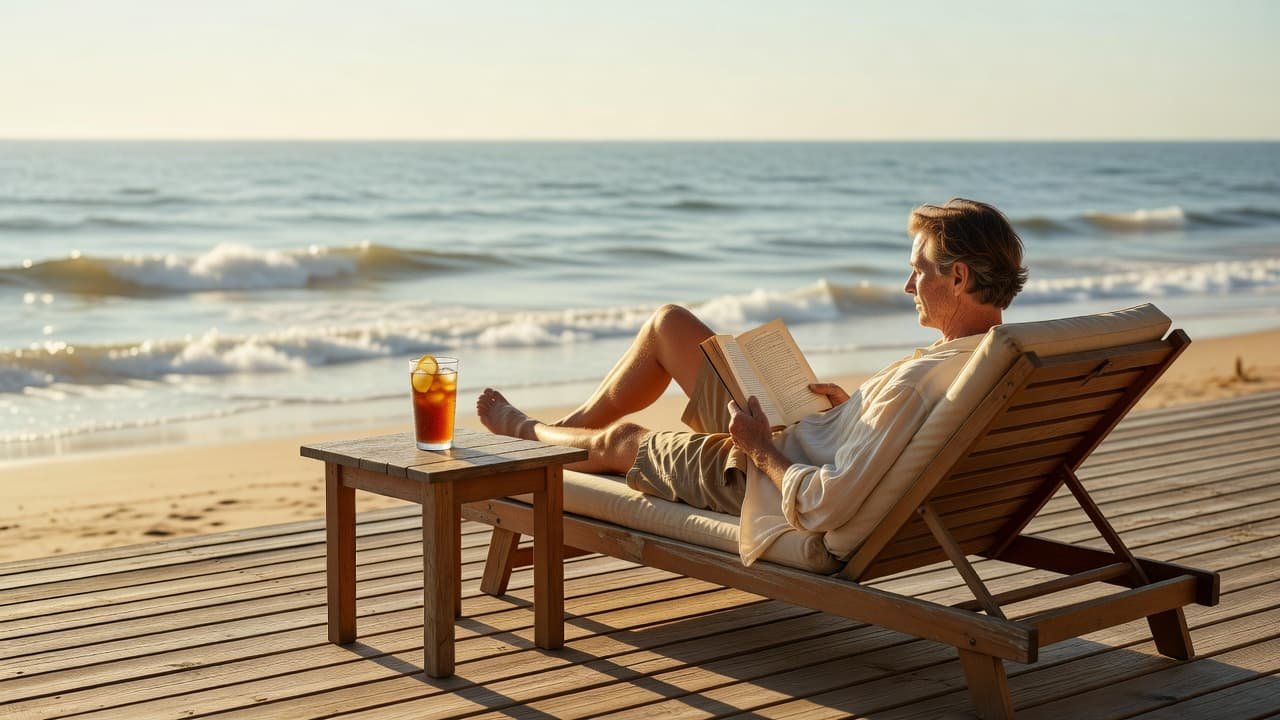 A relaxed individual sits on a sun-drenched wooden deck while reading a hardcover book. An iced tea sits nearby on the planks, overlooking a blurred horizon of crashing ocean waves.