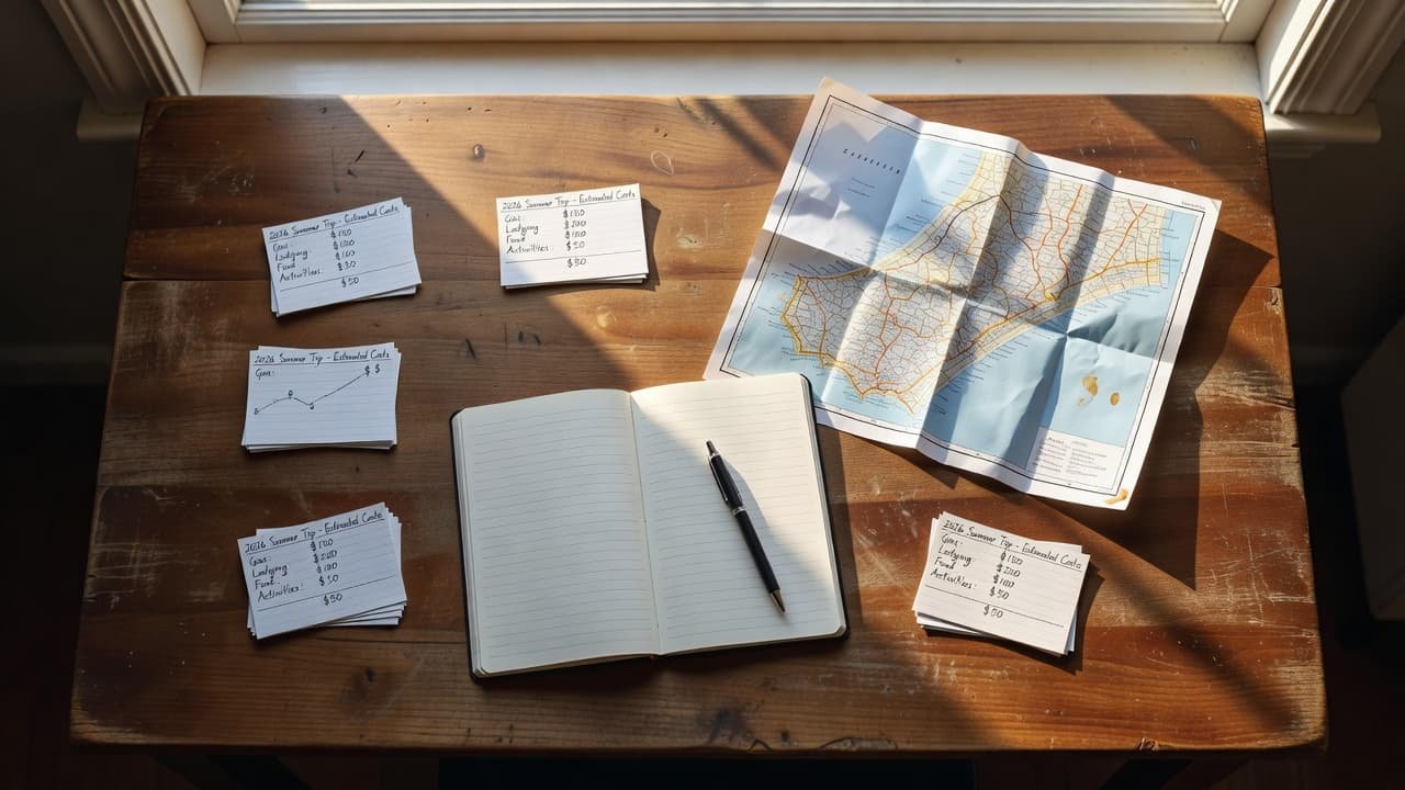 A top-down view shows a clean wooden desk arranged with an open paper map, a notebook, and a pen. Soft golden sunlight streams across the workspace, creating a serene and organized atmosphere.