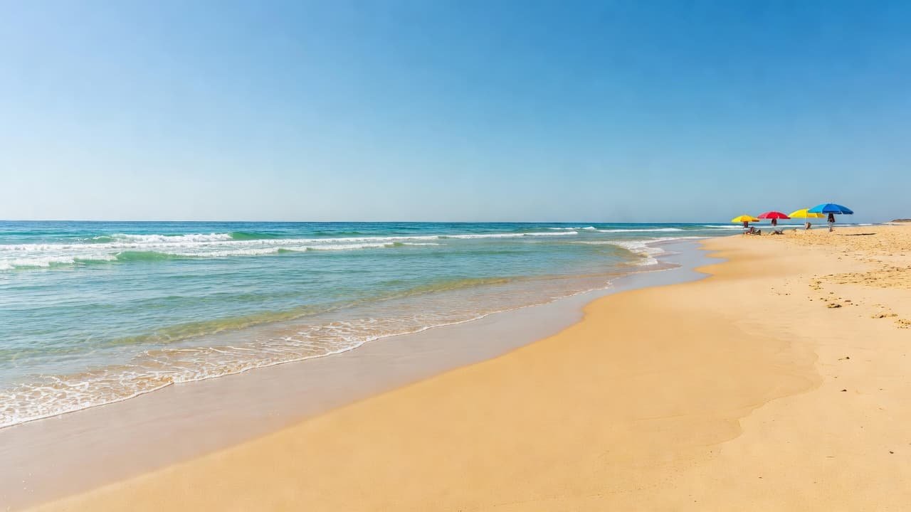 A calm, sunlit beach with soft waves and a bright summer sky.
