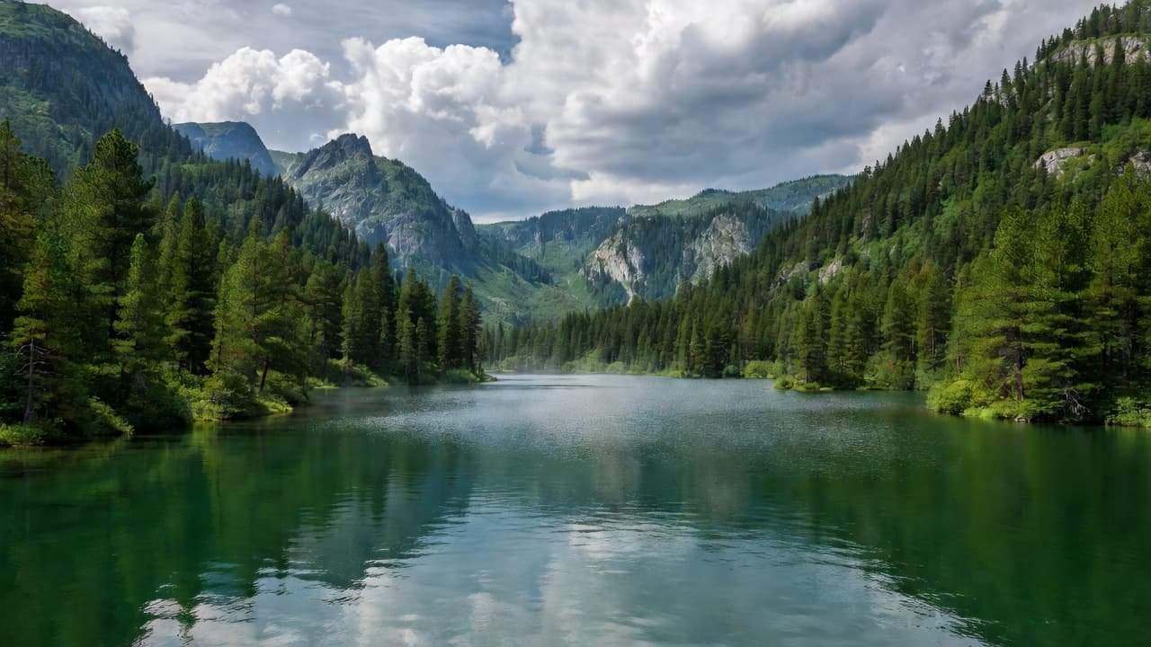 A quiet alpine lake surrounded by pine forest and mountain peaks under dramatic clouds.