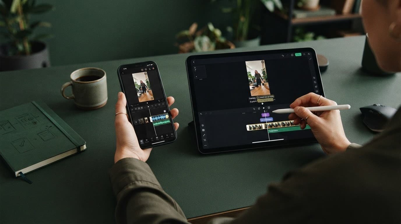 A smartphone and tablet display vertical video clips on a dark green workspace.