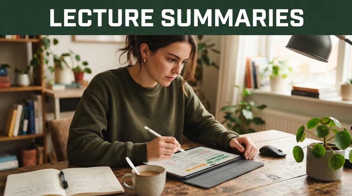 A student using a tablet to organize notes at a wooden desk under a dark green headline banner.