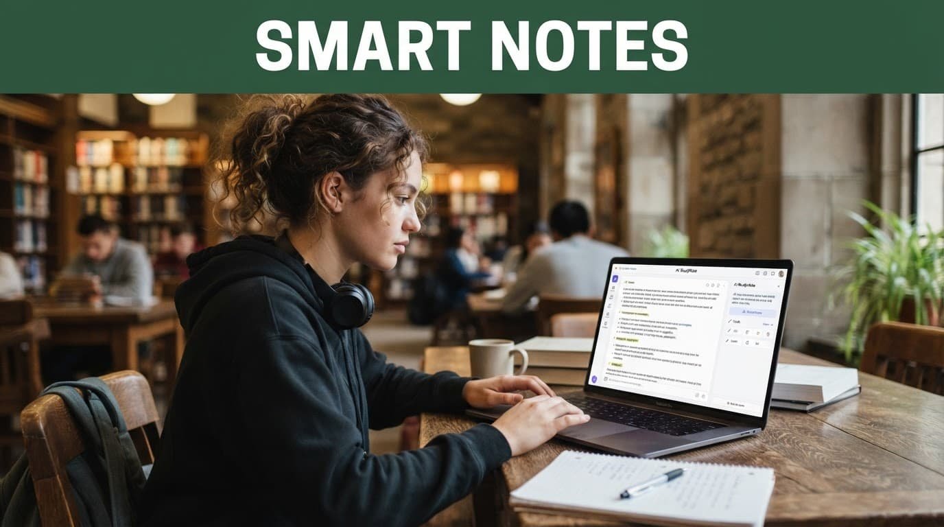A college student using a laptop in a library beneath a dark green heading.