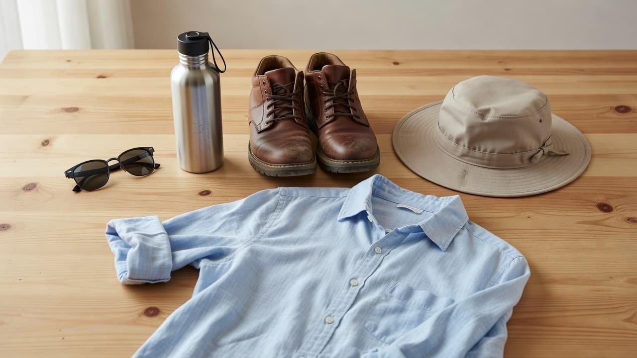 A pair of sunglasses, a water bottle, walking shoes, a travel hat, and a linen shirt are neatly arranged on a wooden table. Soft natural light illuminates the curated gear.